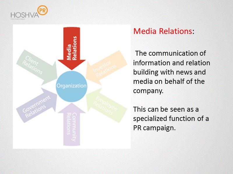 Media Relations:   The communication of information and relation building with news and